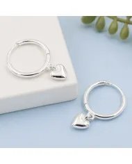 Huggie Hoop Earrings Heart Charm - 925 Sterling Silver Handmade Gift