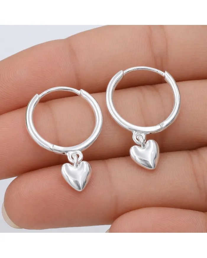 Huggie Hoop Earrings Heart Charm - 925 Sterling Silver Handmade Gift