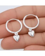 Huggie Hoop Earrings Heart Charm - 925 Sterling Silver Handmade Gift