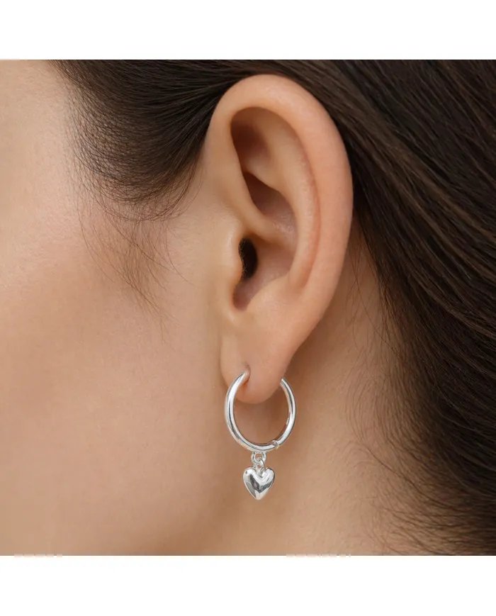 Huggie Hoop Earrings Heart Charm - 925 Sterling Silver Handmade Gift