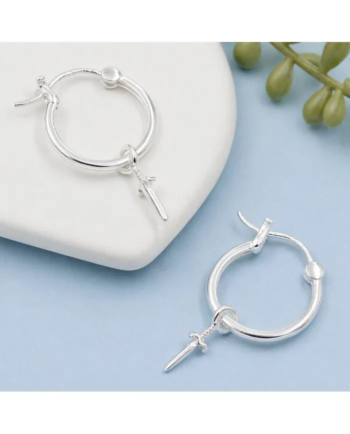925 Sterling Silver Sword Hoop Earrings - Handmade Gift Unisex Jewelry