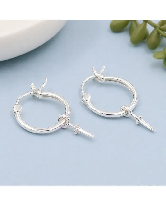 925 Sterling Silver Sword Hoop Earrings - Handmade Gift Unisex Jewelry