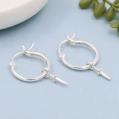 925 Sterling Silver Sword Hoop Earrings - Handmade Gift Unisex Jewelry