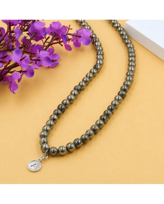Pyrite Beaded Necklace - 925 Sterling Silver Personalised Initial Jewelry
