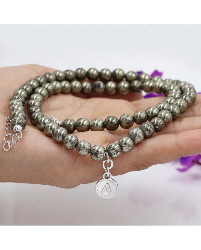 Pyrite Beaded Necklace - 925 Sterling Silver Personalised Initial Jewelry