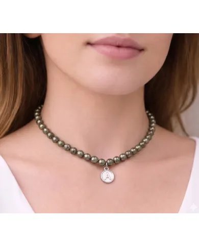 Pyrite Beaded Necklace - 925 Sterling Silver Personalised Initial Jewelry