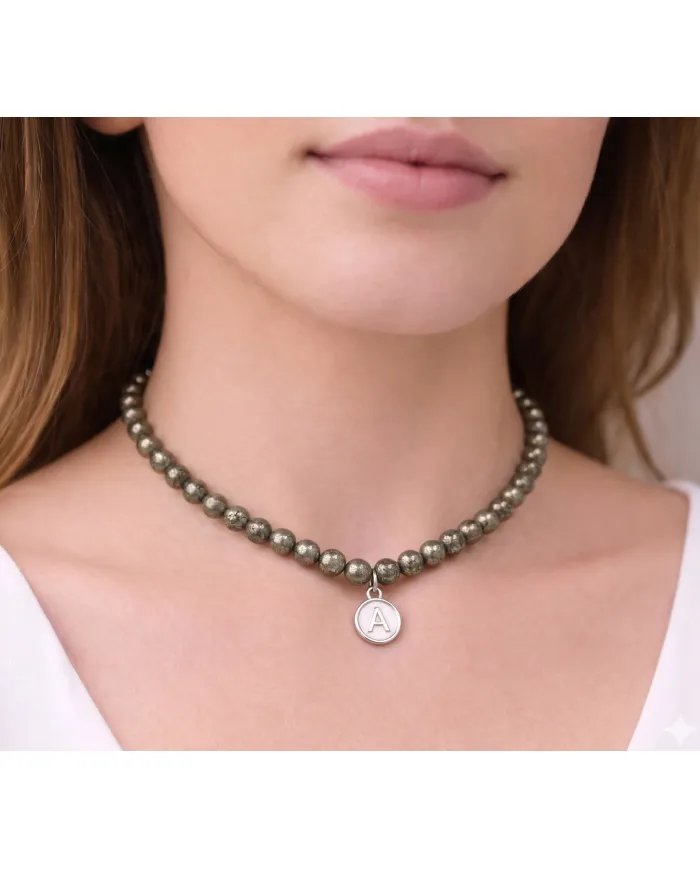 Pyrite Beaded Necklace - 925 Sterling Silver Personalised Initial Jewelry