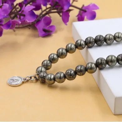 Pyrite Beaded Necklace - 925 Sterling Silver Personalised Initial Jewelry