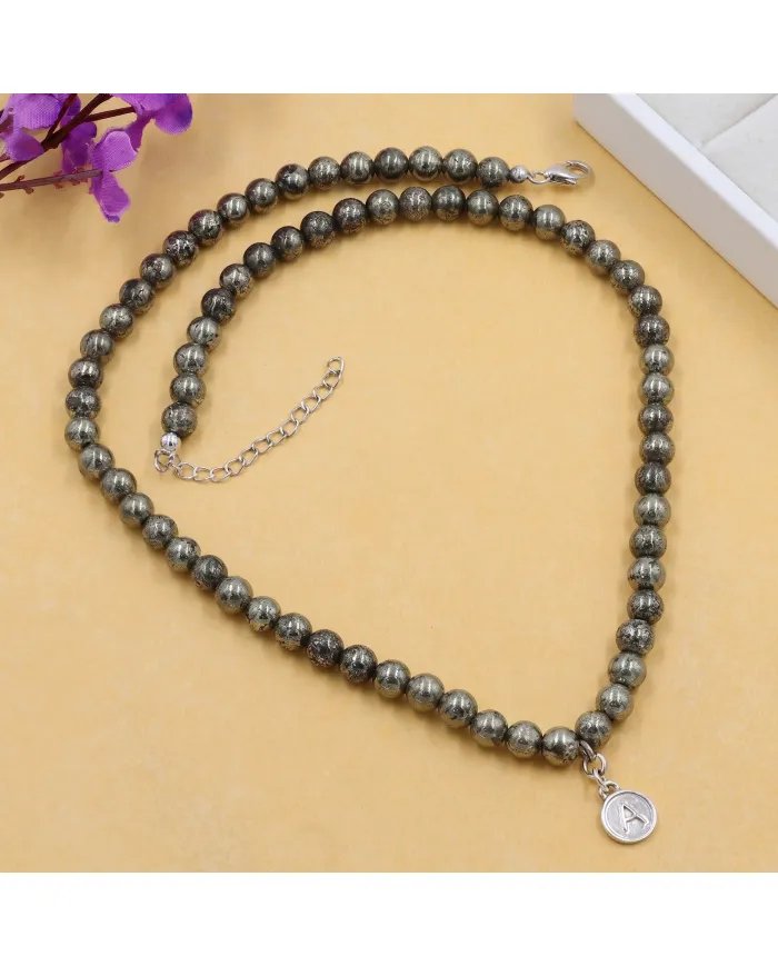 Pyrite Beaded Necklace - 925 Sterling Silver Personalised Initial Jewelry
