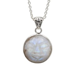 Moon Face Pendant, Sterling Silver Pendant, Moonstone Necklaces, Carving Face Pendant, Charm Moon Pendant, Pendant with Chains