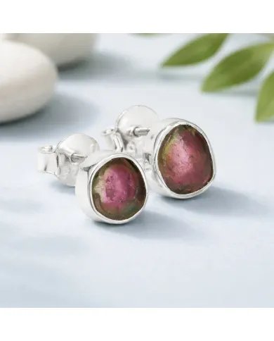 Natural Tourmaline Stud Earrings - 925 Sterling Silver Handmade Jewelry