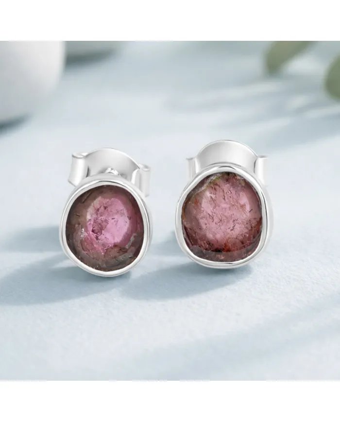 Natural Tourmaline Stud Earrings - 925 Sterling Silver Handmade Jewelry