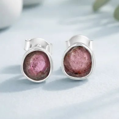 Natural Tourmaline Stud Earrings - 925 Sterling Silver Handmade Jewelry