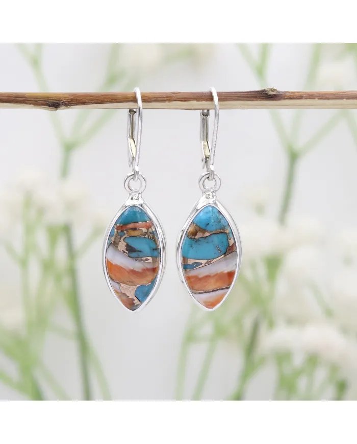Orange Spiny Oyster Turquoise Earrings - Handmade 925 Sterling Silver