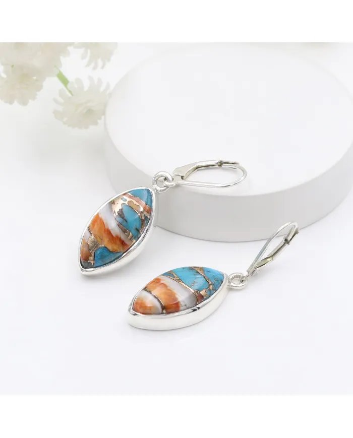 Orange Spiny Oyster Turquoise Earrings - Handmade 925 Sterling Silver