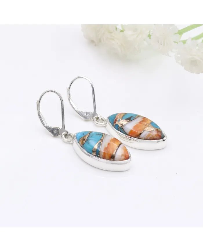 Orange Spiny Oyster Turquoise Earrings - Handmade 925 Sterling Silver