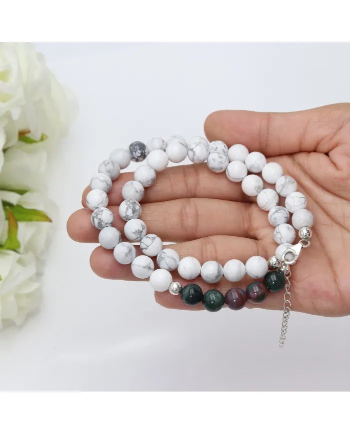 Howlite & Blood Stone Beaded Necklace - 925 Silver Semi-Precious Jewelry