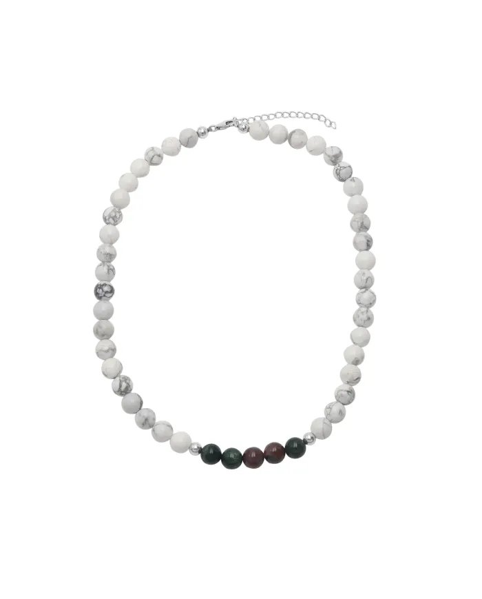 Howlite & Blood Stone Beaded Necklace - 925 Silver Semi-Precious Jewelry