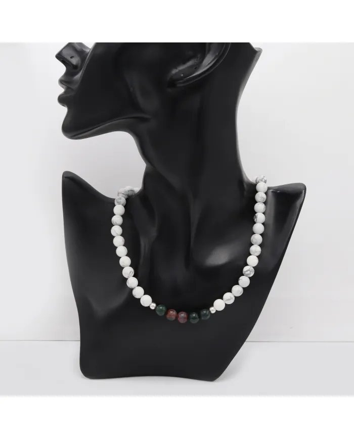 Howlite & Blood Stone Beaded Necklace - 925 Silver Semi-Precious Jewelry