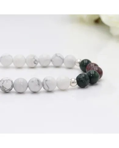 Howlite & Blood Stone Beaded Necklace - 925 Silver Semi-Precious Jewelry