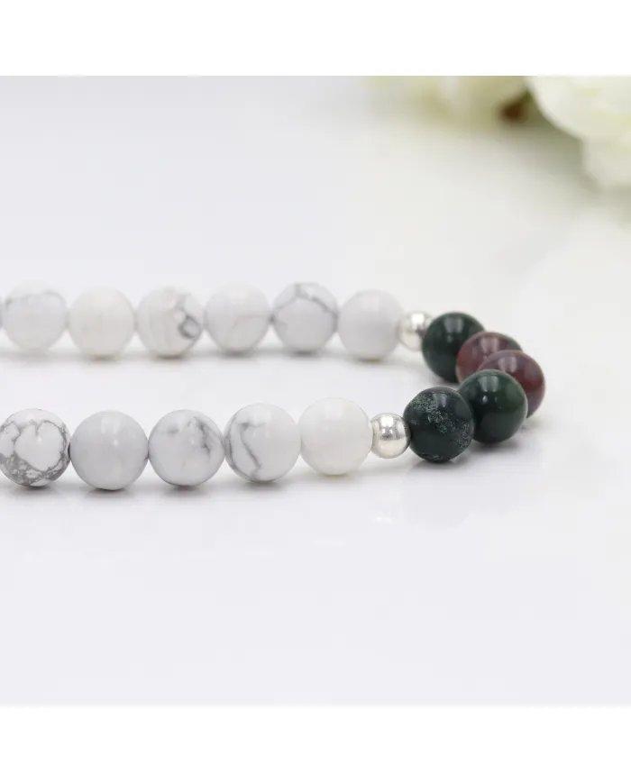 Howlite & Blood Stone Beaded Necklace - 925 Silver Semi-Precious Jewelry