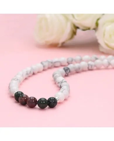 Howlite & Blood Stone Beaded Necklace - 925 Silver Semi-Precious Jewelry