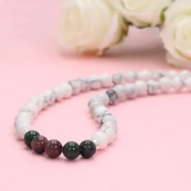 Howlite & Blood Stone Beaded Necklace - 925 Silver Semi-Precious Jewelry