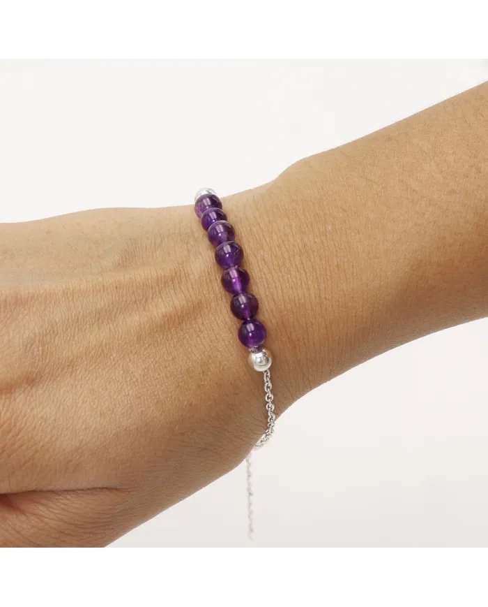 Amethyst Beaded Chain Bracelet - 925 Sterling Silver