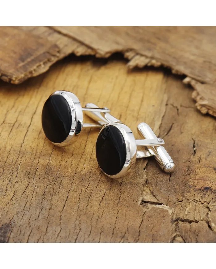Black Onyx Cufflinks - 925 Sterling Silver Tuxedo Studs Men's Accessories
