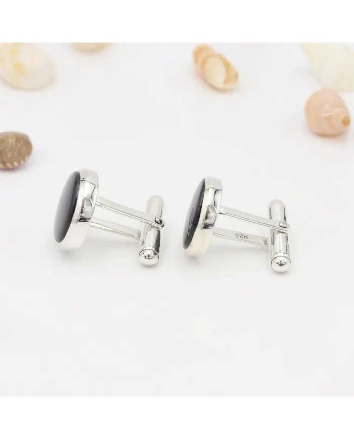 Black Onyx Cufflinks - 925 Sterling Silver Tuxedo Studs Men's Accessories