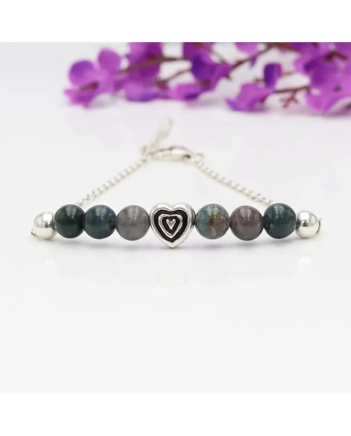 Bloodstone Beaded Chain Bracelet with Heart Charm - 925 Sterling Silver