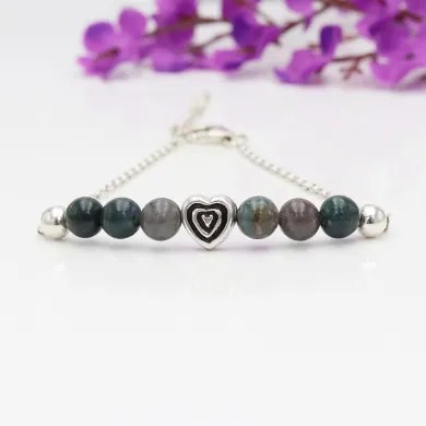 Bloodstone Beaded Chain Bracelet with Heart Charm - 925 Sterling Silver
