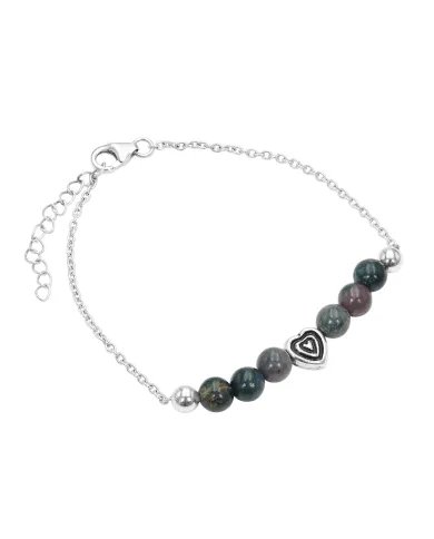 Bloodstone Beaded Chain Bracelet with Heart Charm - 925 Sterling Silver