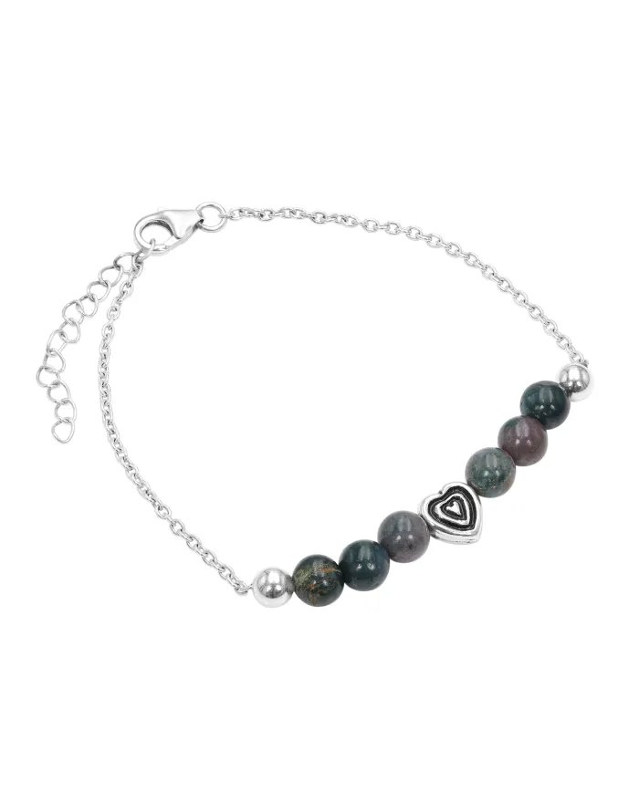 Bloodstone Beaded Chain Bracelet with Heart Charm - 925 Sterling Silver