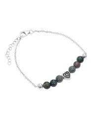 Bloodstone Beaded Chain Bracelet with Heart Charm - 925 Sterling Silver