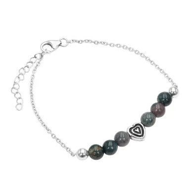 Bloodstone Beaded Chain Bracelet with Heart Charm - 925 Sterling Silver