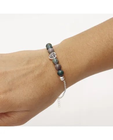 Bloodstone Beaded Chain Bracelet with Heart Charm - 925 Sterling Silver