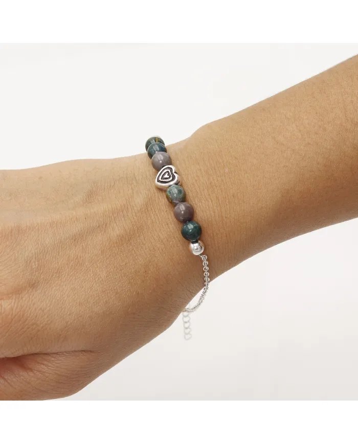 Bloodstone Beaded Chain Bracelet with Heart Charm - 925 Sterling Silver