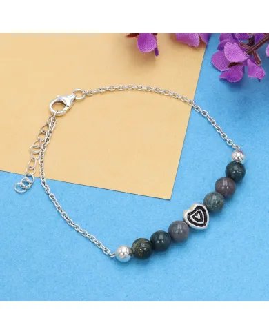 Bloodstone Beaded Chain Bracelet with Heart Charm - 925 Sterling Silver