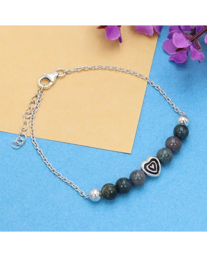 Bloodstone Beaded Chain Bracelet with Heart Charm - 925 Sterling Silver