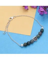 Bloodstone Beaded Chain Bracelet with Heart Charm - 925 Sterling Silver