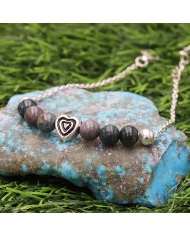 Bloodstone Beaded Chain Bracelet with Heart Charm - 925 Sterling Silver
