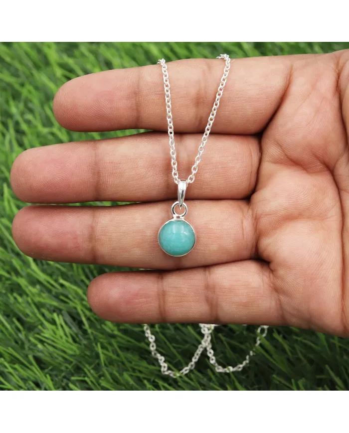 Natural Amazonite Pendant Necklace - 925 Sterling Silver Jewelry