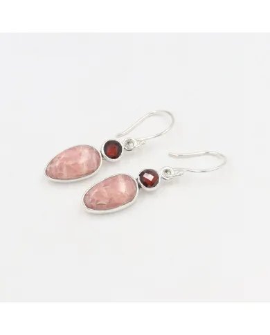 Rhodochrosite & Garnet Drop Earrings - 925 Sterling Silver Jewelry