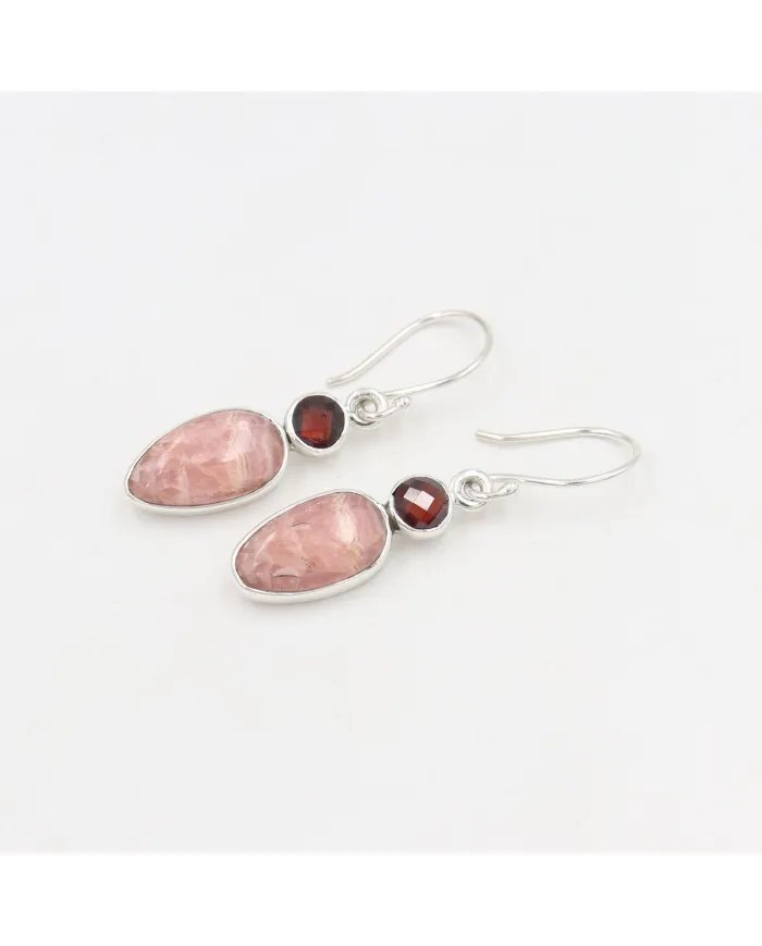 Rhodochrosite & Garnet Drop Earrings - 925 Sterling Silver Jewelry