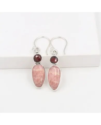 Rhodochrosite & Garnet Drop Earrings - 925 Sterling Silver Jewelry
