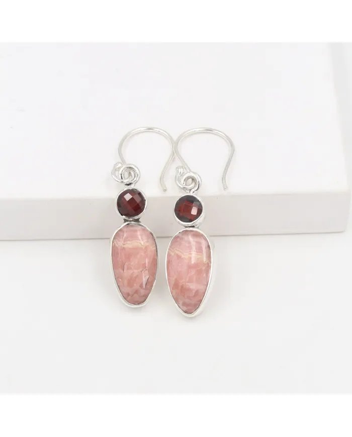 Rhodochrosite & Garnet Drop Earrings - 925 Sterling Silver Jewelry