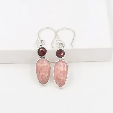 Rhodochrosite & Garnet Drop Earrings - 925 Sterling Silver Jewelry