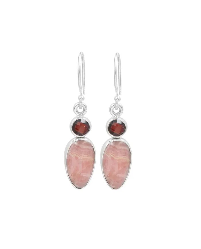 Rhodochrosite & Garnet Drop Earrings - 925 Sterling Silver Jewelry