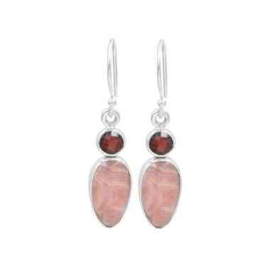 Rhodochrosite & Garnet Drop Earrings - 925 Sterling Silver Jewelry